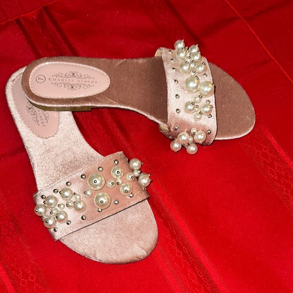 Charles Albert Rose Gold Sandals with Pearl Embellishments Size 7